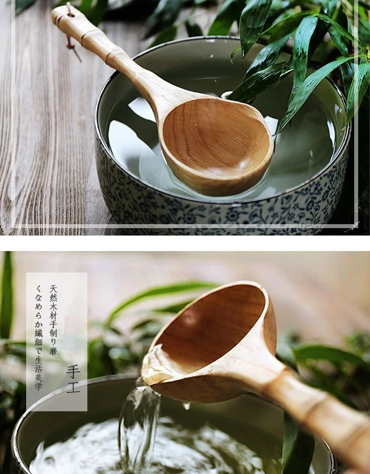 *Long handle water scoop Solid wood bamboo handle Rice scoop Kitchen wooden spoon Wooden bucket Sauna water spoon