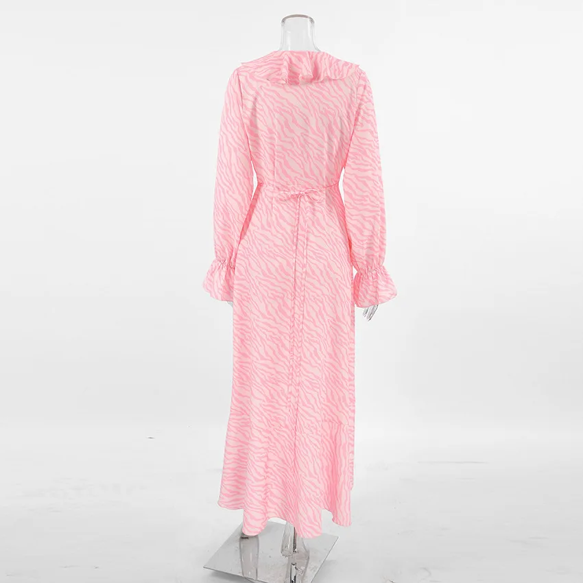 Pink Printed Ruffled Long Dress Women's Lace-Up Long Sleeve Elegant Contrast Patchwork Party Dress Female Bandage Dress