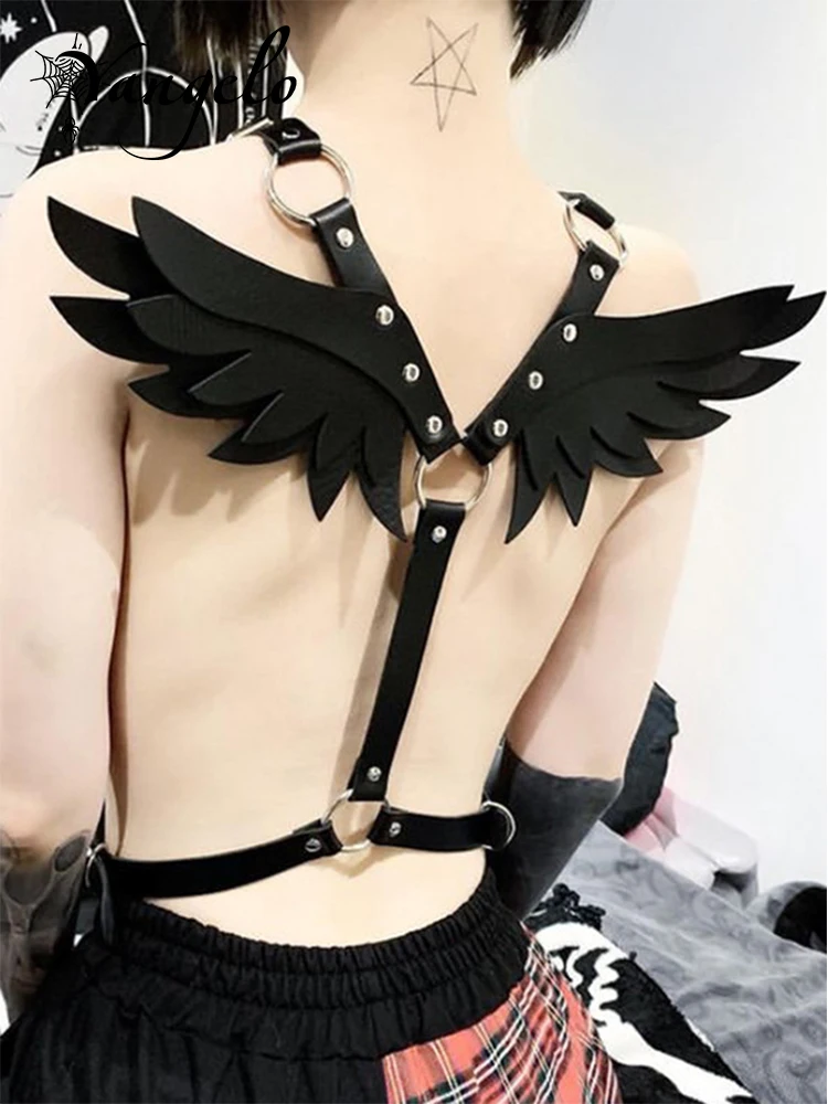 

Yangelo Harajuku Mall Goth Angel Wings Harness Sexy Gothic Belts Punk Fashion Dark Black Pu Leather Garter Belt Women Clubwear