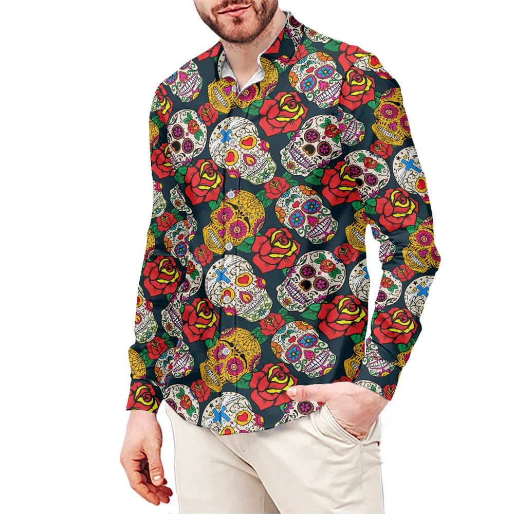 

Spring Long Sleeve Shirt Colorful Sugar Candy Skulls Flower Pattern Print Custom Style Shirt for Social Business Casual Male Top