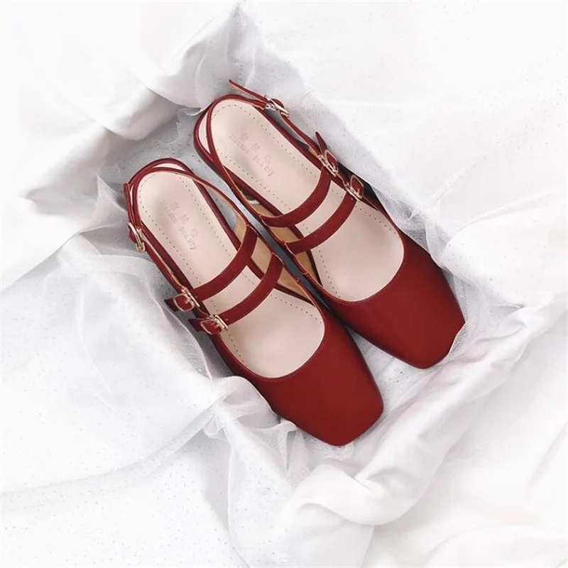 

Red Mary Janes Vintage Women Sandals Buckle Strap Flats Summer Square Toe Cover Heel Shoes Elegant Zapatos Mujer