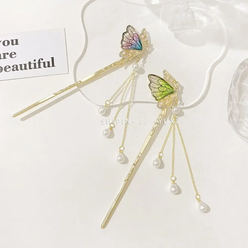 

Butterfly Tassel Hair Stick Elegant Pearl Ancient Style Butterfly Pearl Hair Fork Alloy Hair Ornament Costume