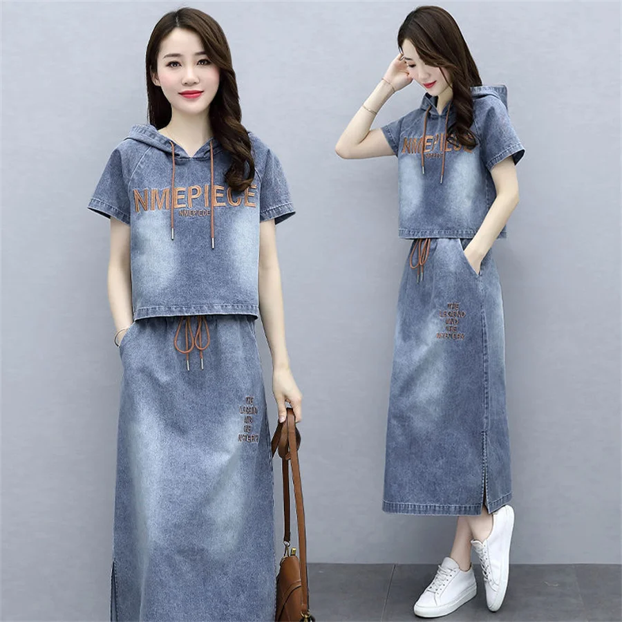 

Jeans Letter Tops+Skirts Sets Denim Split Pencik Knee-Length Suits for Woman Outfits Two Piece tracksuit