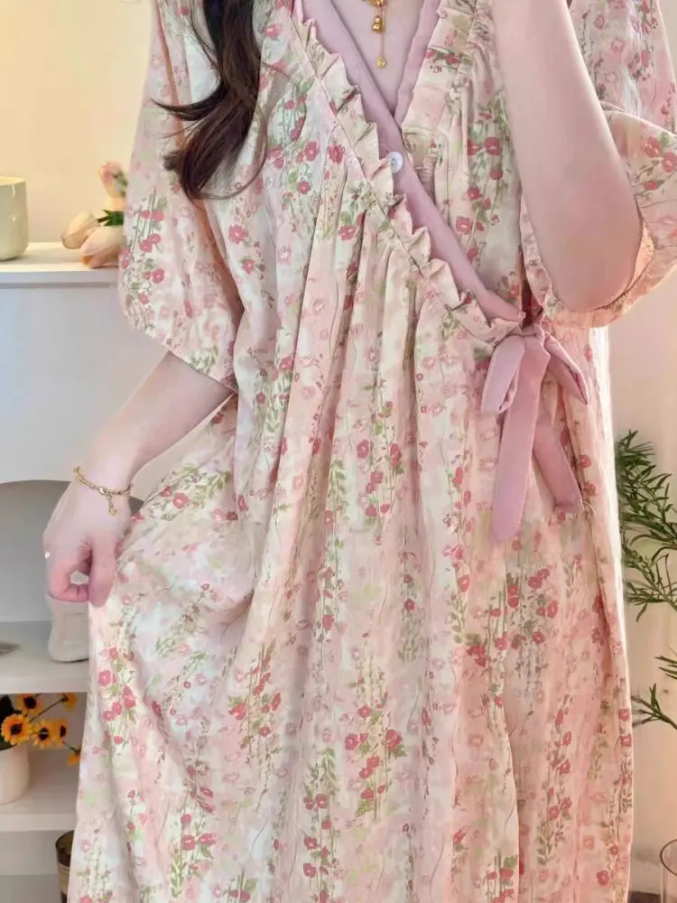 2026 New Women's Sleep Robe Summer Short Sleeve Monet Garden Mid-Length Pure Desire Style Sleep Dress Home Clothes - 4
