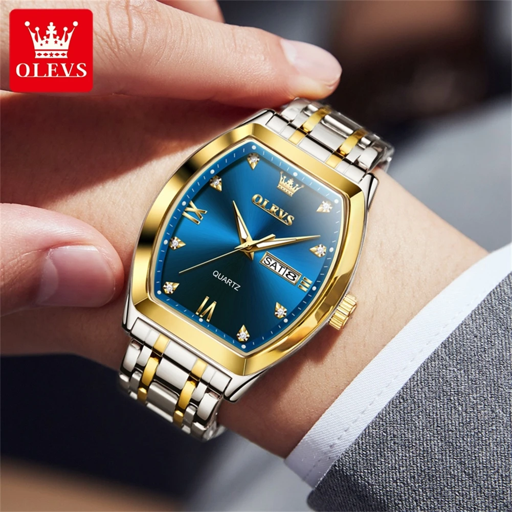 OLEVS Brand New Fashion Tonneau Dial Quartz Watch Men Stainless Steel Waterproof Week Date Mens Watches Top  Luxury Wristwatches