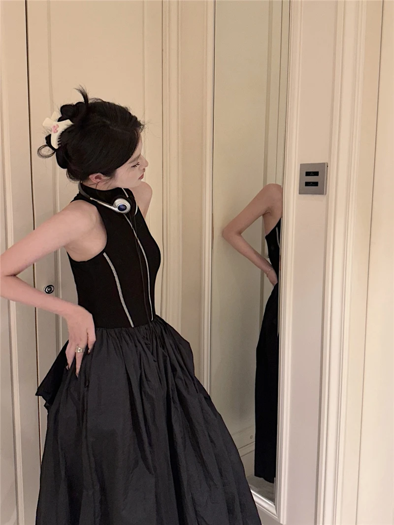 Casual Black Knitted Dresses for Women Sleeveless Vest Dress A-line Casual Korean Fashion Half High Collar Autumn New Vestido