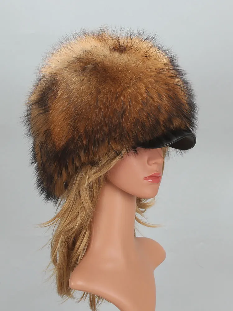 

Real Fox Fur Cap Female Beanie Hat Natural Raccoon Fur Trapper Unisex Ski Mask Women's Winter Balaclava Hat With Brim Bonnet Cap