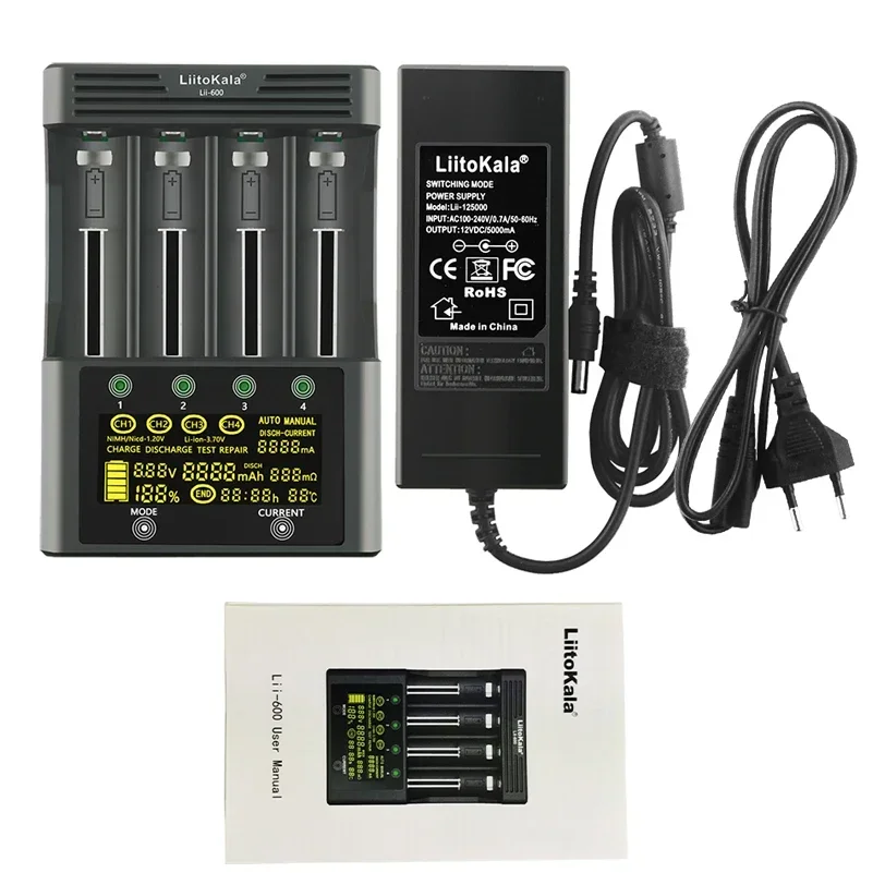 LiitoKala Lii-600 LCD 디스플레이 배터리 충전기 (3.7V 1.2V 18650 26650 21700 26700 AA AAA 호환) 차량 테스트 기능 포함