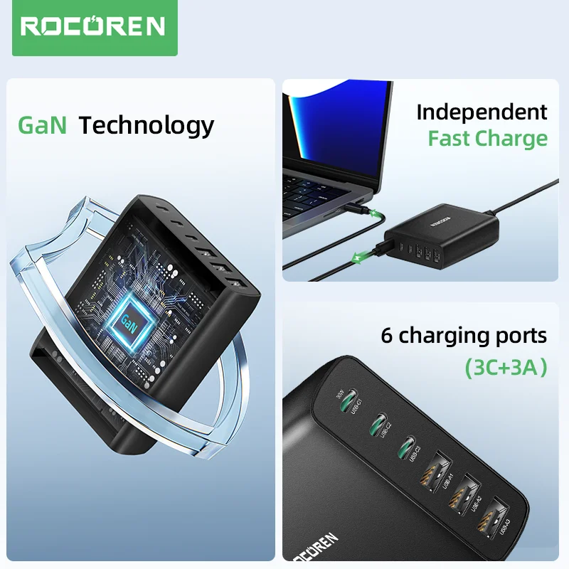로코렌 100W GaN 충전기 USB 타입 C PD 고속 충전기 퀵 차지 4.0 3.0 다중 데스크탑 충전 스테이션 아이폰 17 프로 맥스용