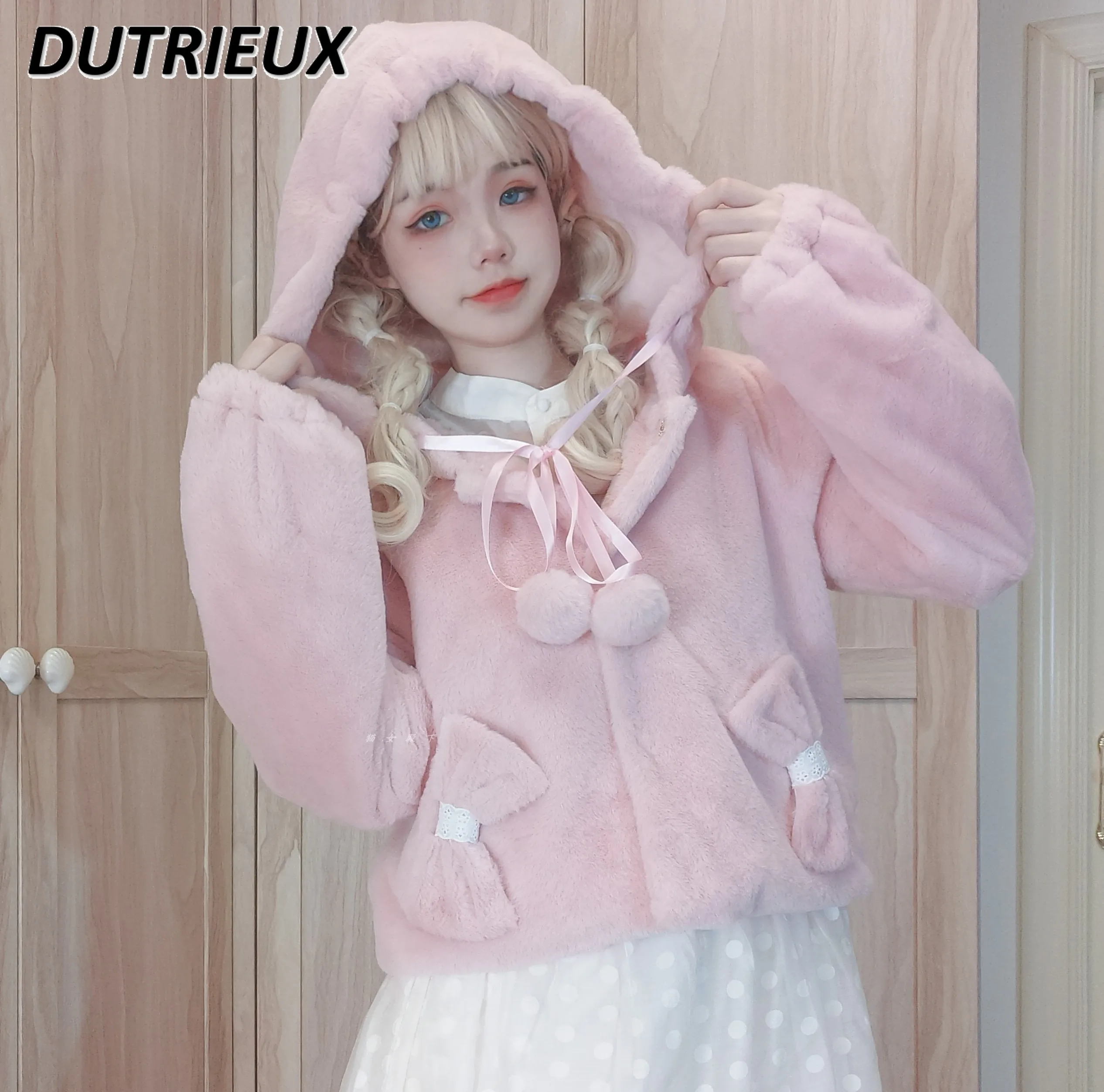 

Женская плюшевая куртка с капюшоном JK в японском стиле, милая дизайнерская Меховая куртка с бантом, верхняя одежда, новинка 2023, осенне-зимняя одежда