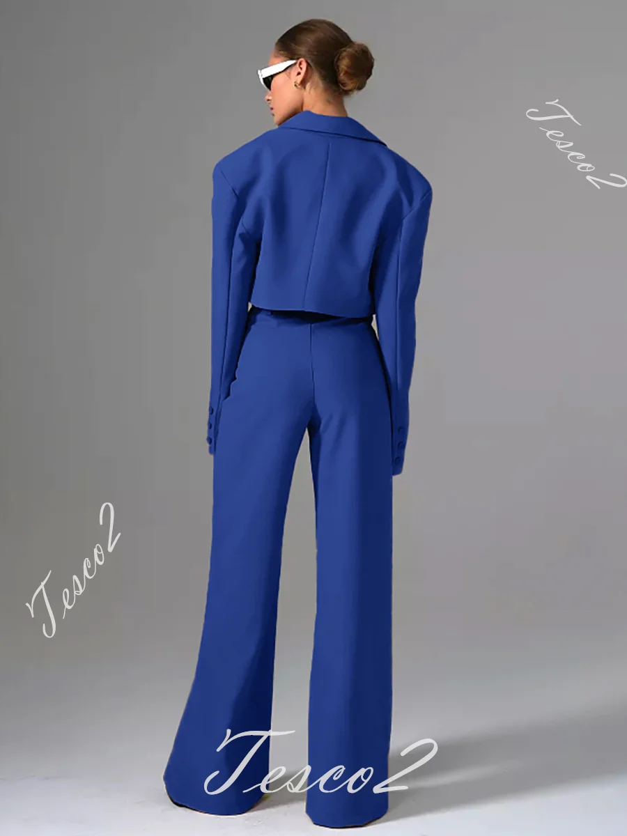 Tesco Office Pantsuit For Women Spring Short Crop Top+High Waist Wide Leg Pants Casual Double Breasted Blazer Women Chic Outfits