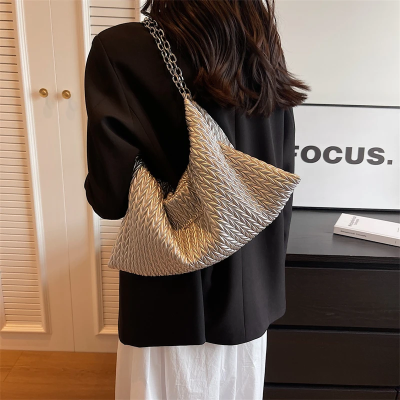 PU Leather Pleated Shoulder Bags For Women Classic Designer Handbags Lady Elegant Female Bags Solid Color Fashion Casual Totes