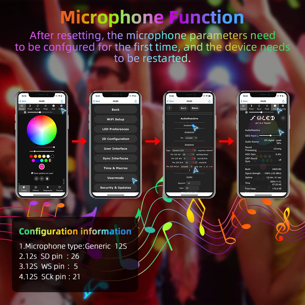 DOMRAEM WLED Digital Music LED Controller with Mic & Relay -ESP32 2CH 16A for WS281X/SK6812 (800ICS). Type-C & UART. Alexa/HA.