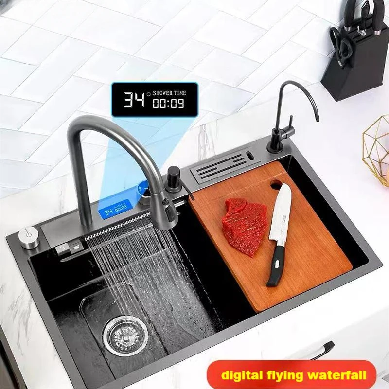

Nano 304 Stainless Steel Sink Waterfall Faucet Kitchen Sink Digital Display Large Single Sinks