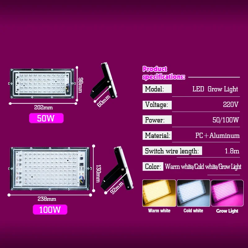 LED Grow Light Plant Hydroponic Lamp 50W 100W 220V Led Full Spectrum with EU Plug for Greenhouse Seeds Flower Growth Lighting