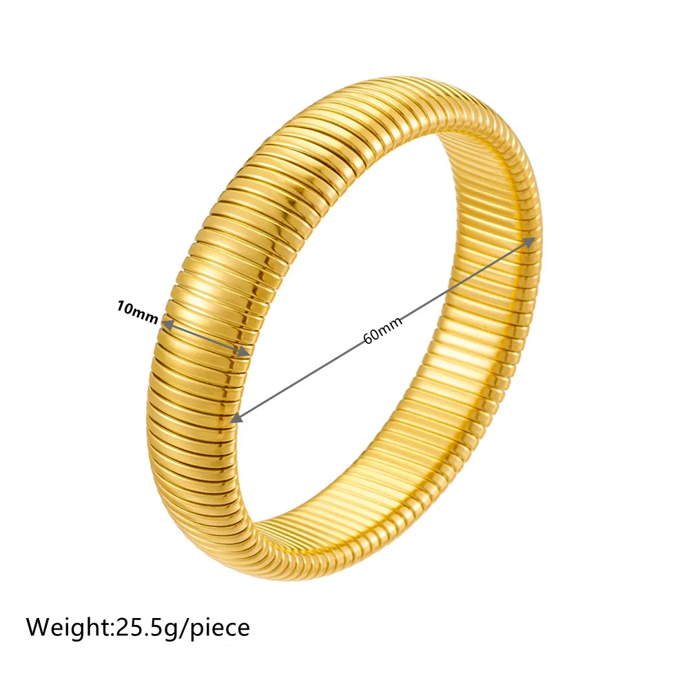 18K PVD Gold Plated Spring Antique Original Design Wide and Narrow Style Elastic  stainless Steel Bracelet Jewelry for women 4