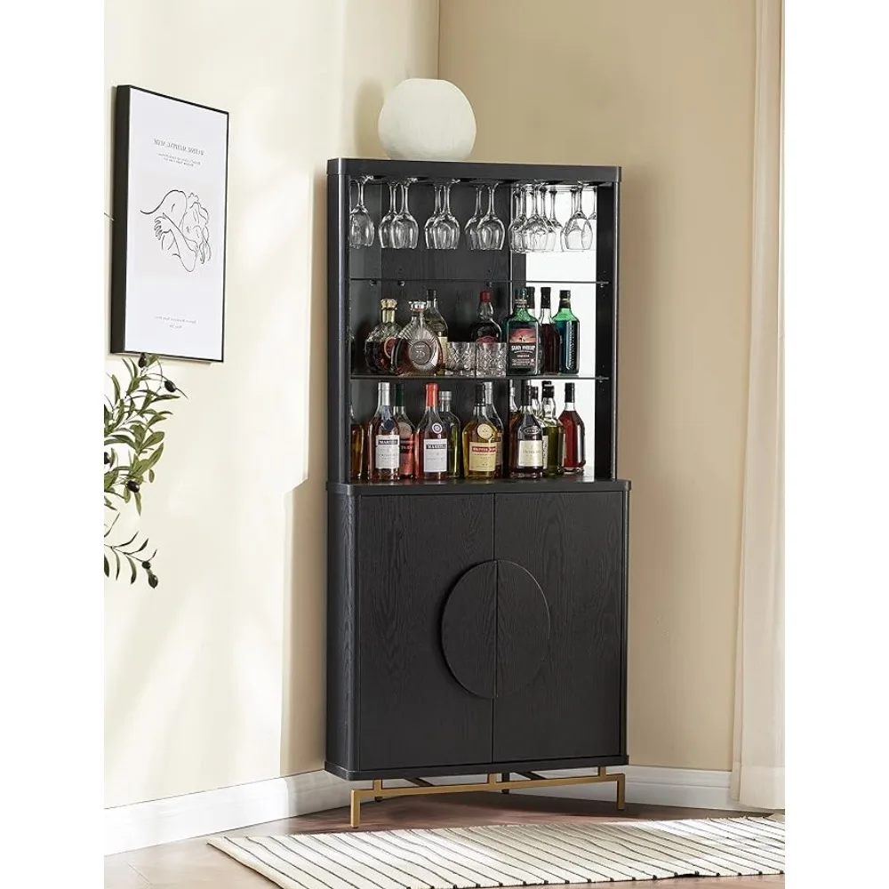 

68" Liquor Cabinet with Half Moon Handles and Metal Base, Ideal for Bars & Wine Cabinets, Storage Space for Wine Glasses