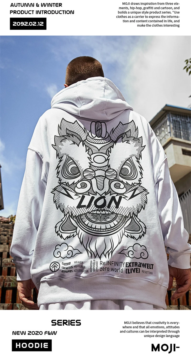 Dancing Lion Graphic Y2K Hoodie Mens Quality Fleece Warm Hooded Sweatshirts Autumn Hip Hop Pullover Hoodies Male Casual Tops