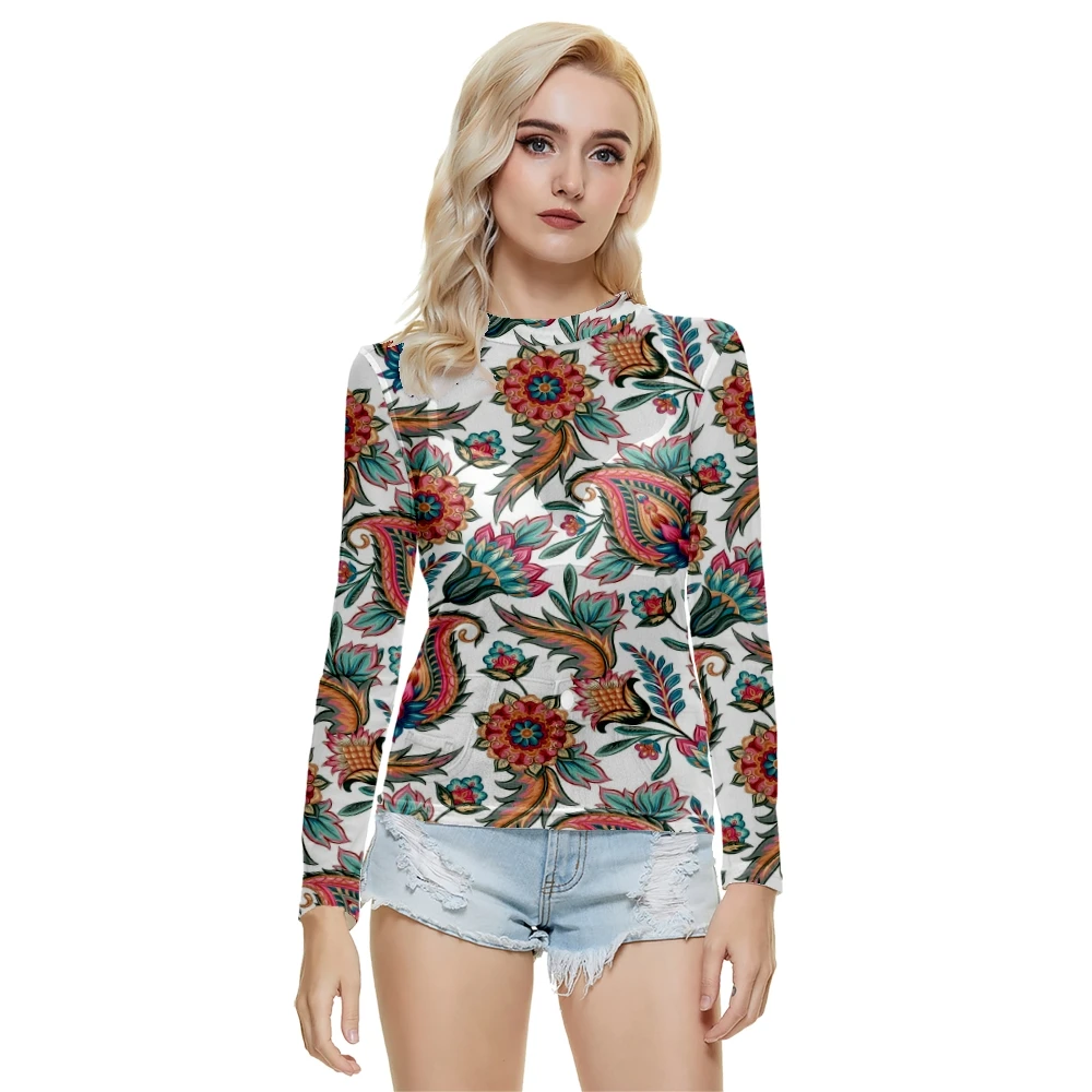

Women Fashion Sexy Net Gauze Perspective Long-sleeved Paisley Splicing Printing O-neck T-shirt Summer Casual Long sleeved