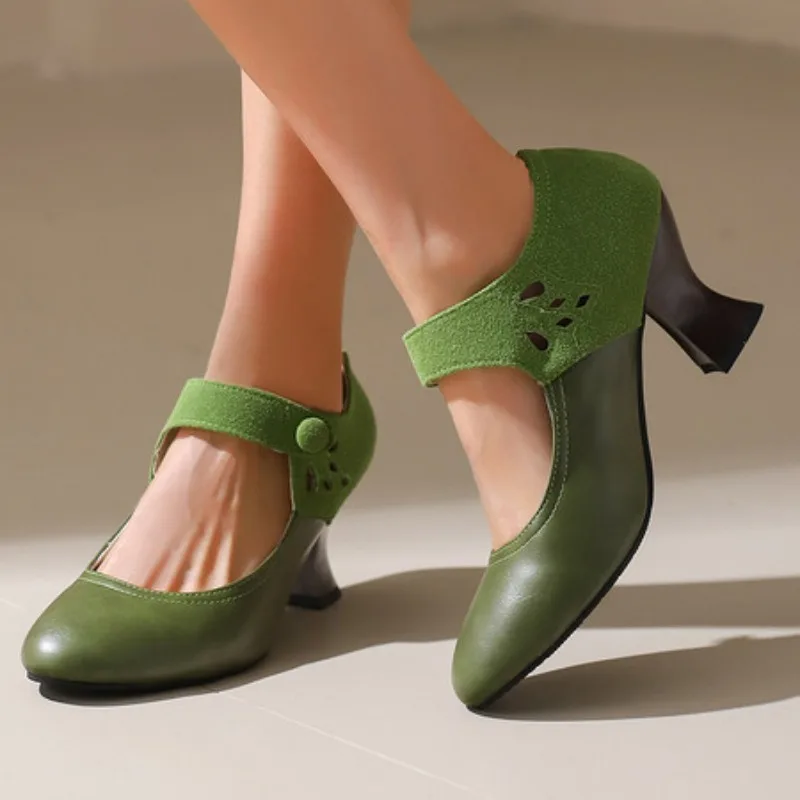 여름 봄 귀여운 여성 펌프 라운드 발가락 6.5cm 작은 발 뒤꿈치 무리 및 PU..