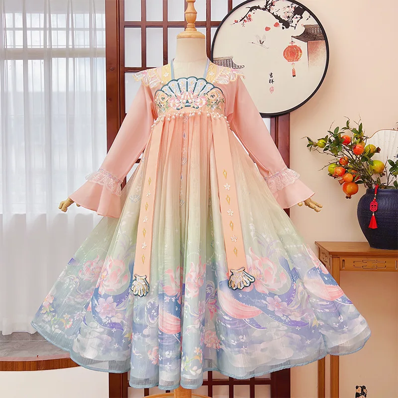 

3-8 Y Girls Chinese Dresses 2023 New Outfit Girl Print Pearl Dress Children Photography Princess Cosplay Elegant Party