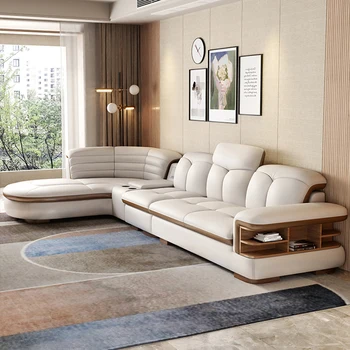 Set di divani componibili di lusso in vera pelle a forma di L con USB, altoparlante Bluetooth - Divani in pelle italiana da soggiorno MINGDIBAO 1