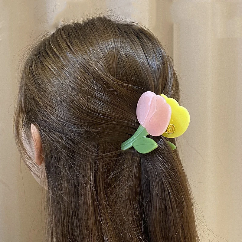 2022new women s retro green bamboo hair clips grace temperament girl ponytail claw clip shark clip for woman ornament accessory New Tulip Hair Claw Flower Grace Shark Clip Headdress Vintage Ponytail Claw Clip Trendy Hair Accessories for Women Girl