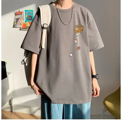 M-8XL Men Oversized Korean Fashion Loose American Vintage Carton Kitten Print Short Sleeve Versatile Trend Couple Outfit - Image 4