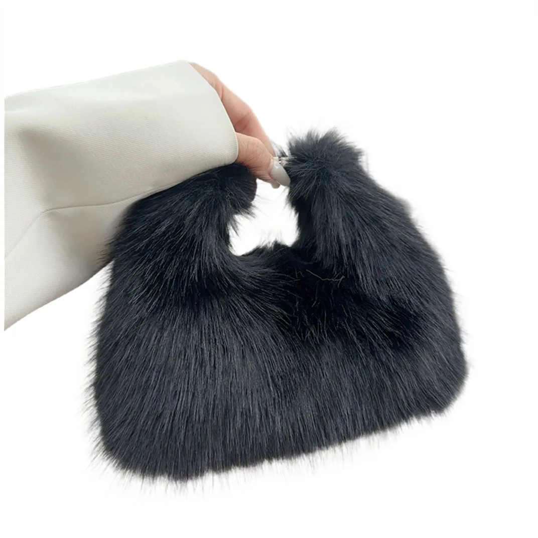 

New Autumn And Winter Imitation Fox Fur Lunch Box Bag Hand Held Dinner Bag Temperament Furry Nag High -End Plush Armpit Bag