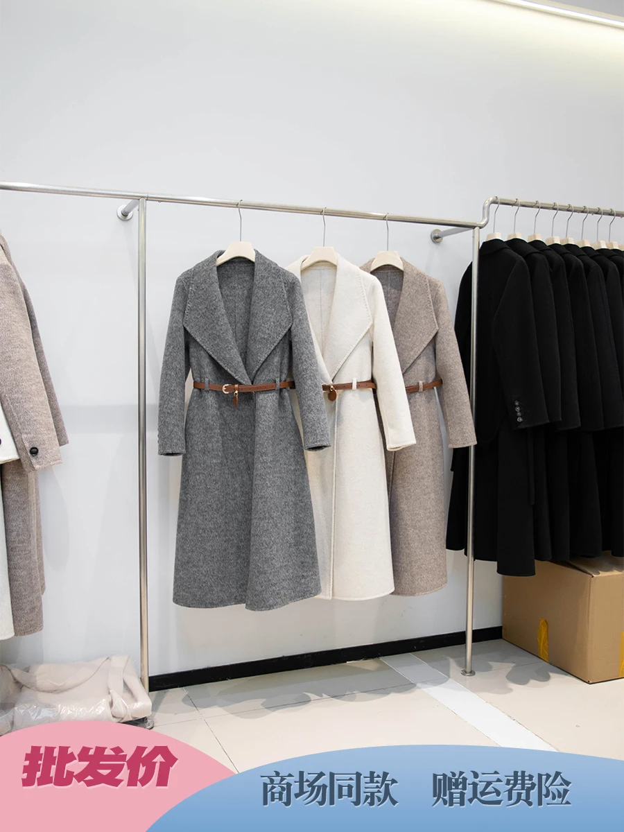 

Shoulder gray double-sided cashmere coat for women in autumn and winter, high-end temperament, wool fabric, medium length style