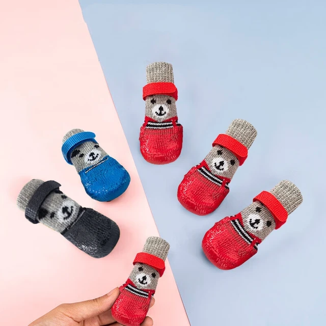 4pcs Puppy Dog Teddy Socks Waterproof Cat Shoes Anti-Scratch Foot Cover Anti-Dirty Pet Socks Small Cat Dogs Knit Warmpet Socks 5