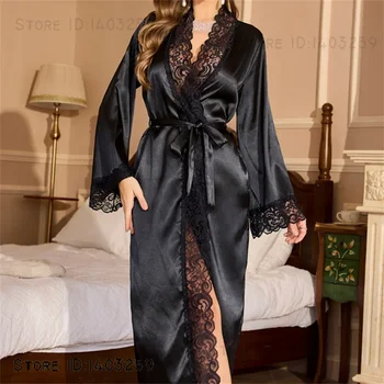 Black Silk Satin Long Robe Negligee Kimono Bathrobe Gown Spring Summer New Female Sleepwear Home Dressing Gown Loose Loungewear