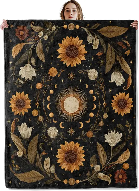Mystical Sunflower Moon Blanket, Soft Cozy Lightweight Boho Celestial Sun and Moon Phases Throw Blanket for Women Girls Kids