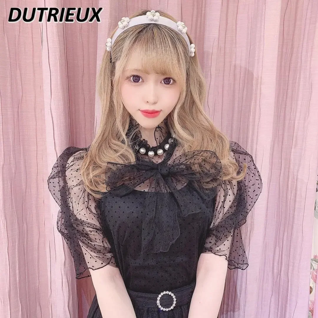 

2024 Summer New Kawaii Lolita Shirt Japanese Sweet Bow Lace-up Wooden Ear Pearl Waist Puff Half Sleeve Polka Dot Lace Top Blusas