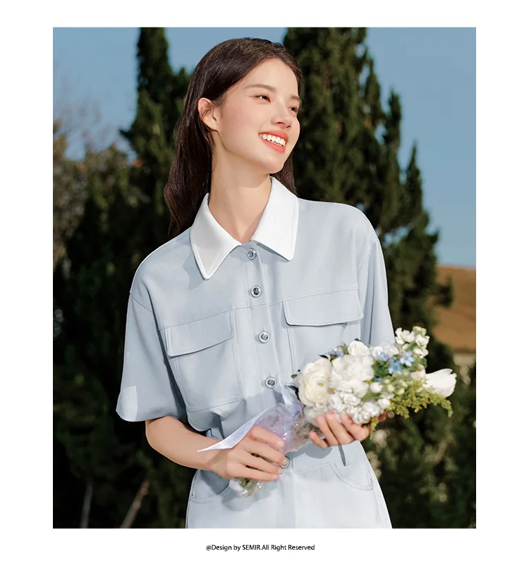 Dress Women Turn-Down Collar Stylish And Chic Summer New Simple And Sweet Waist-Cinching Short Skirt