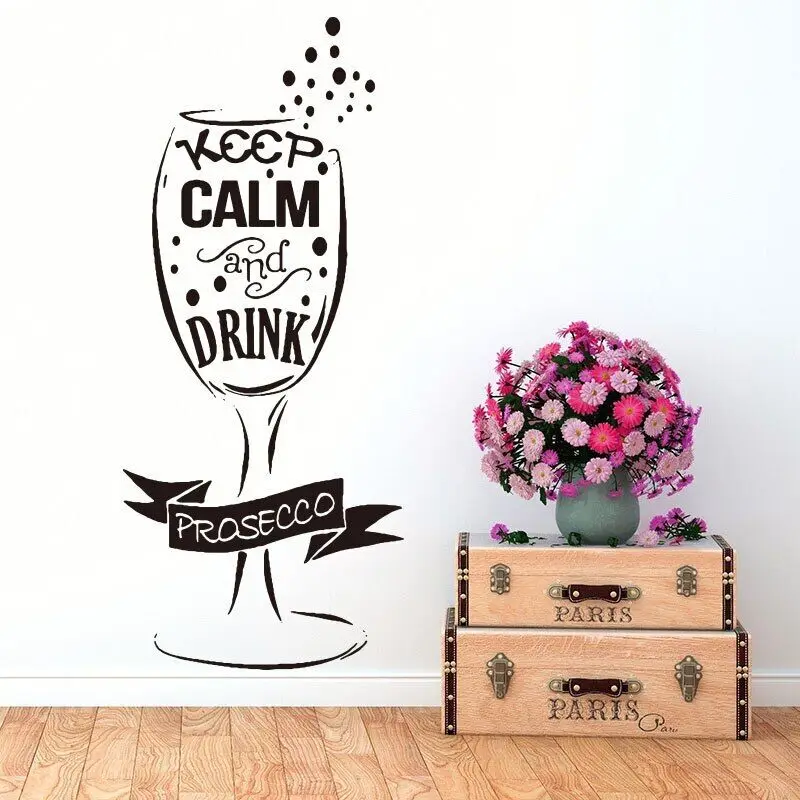 Grande Prosecco Keep Calm And Drink Glass Cup Wall Sticker Bar Kitchen Wine Keep Calm Quote Wall Decal Office Bar Dinning Vinyl D