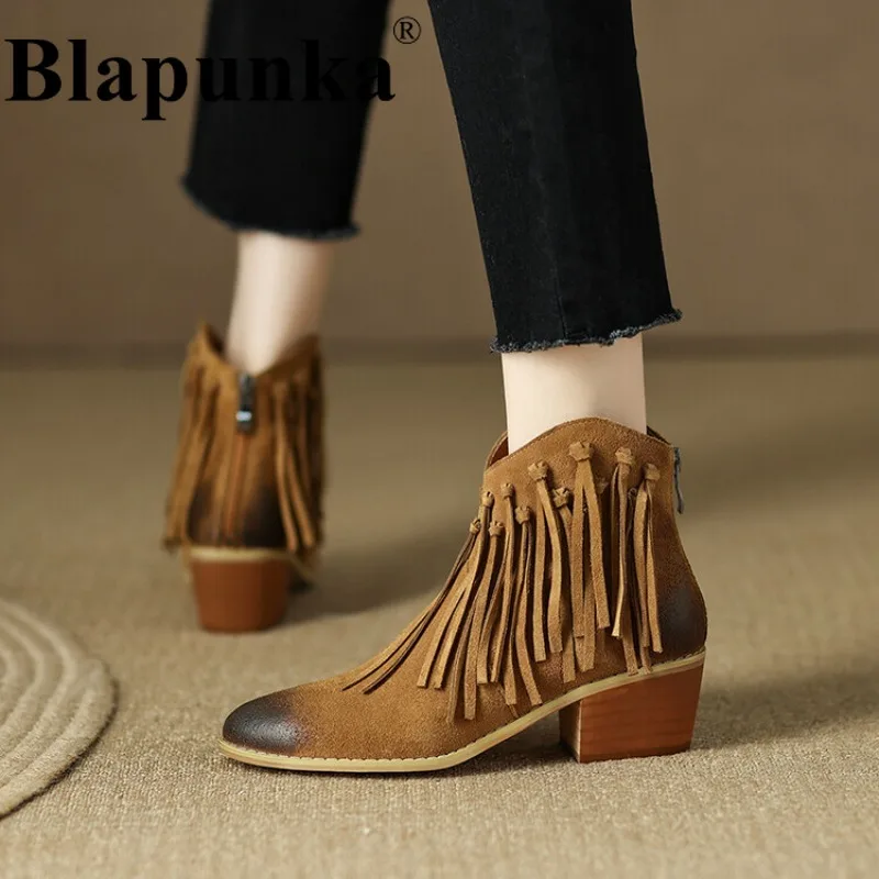 

Blapunka Women Cow Suede Boots Retro Back Zipper Tassels Medium Block Heels Short Boot Winter Female Autumn Fringed Shoes Brown