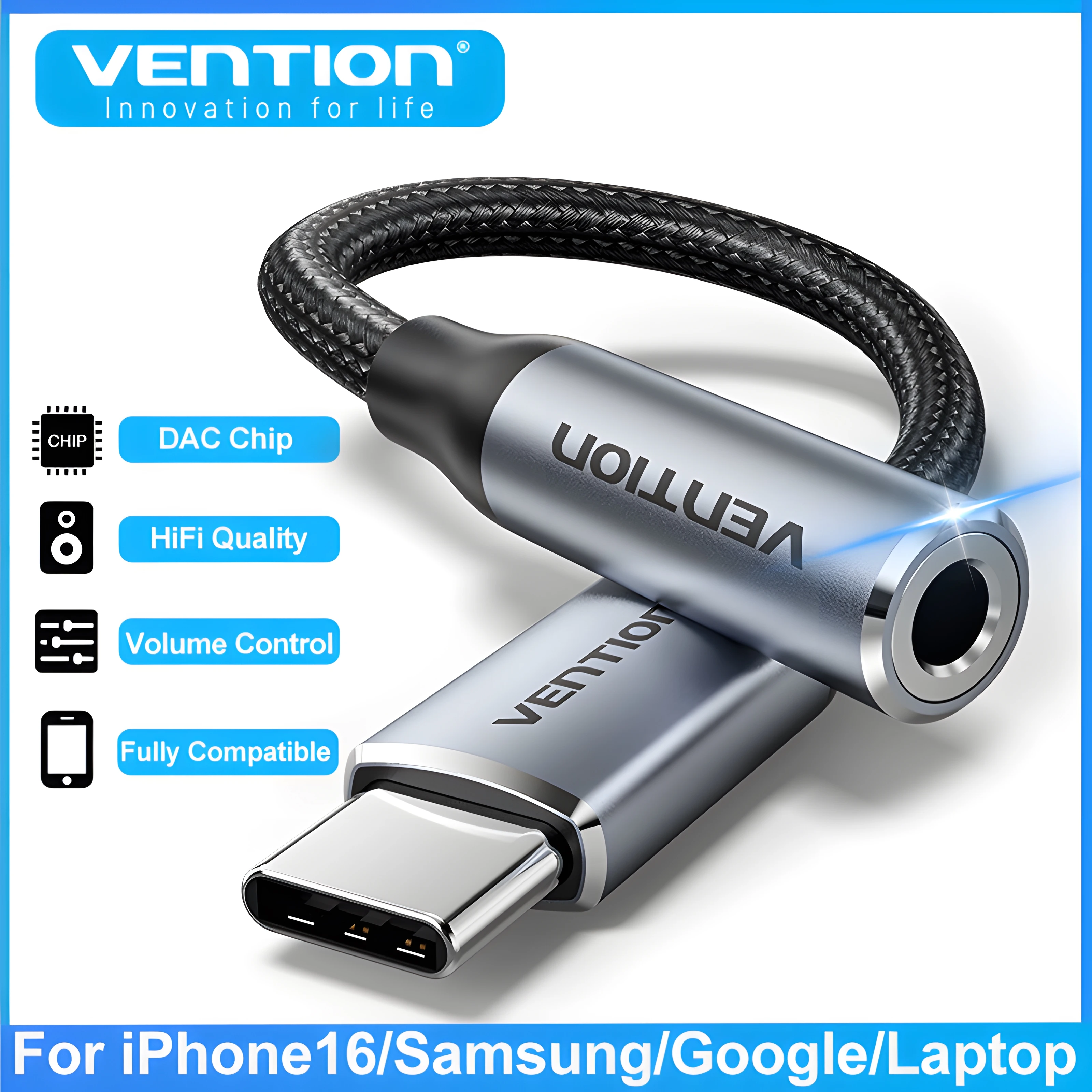 USB to 3.5mm Adapter Vention New DAC USB Type C to 3.5mm Jack Headphone Adapter Aux Audio All Earphone HiFi Splitter Cable for iPhone 16 15 Samsung