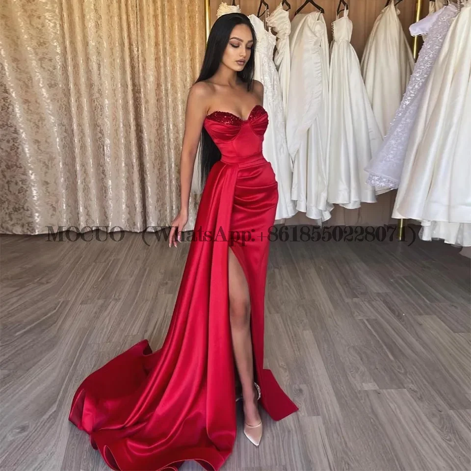

Red Beadings Mermaid Evening Dresses Off Shoulder Africa Side Slit Bodycon Celebrity Prom Dress Dubai Pleated Formal Gown