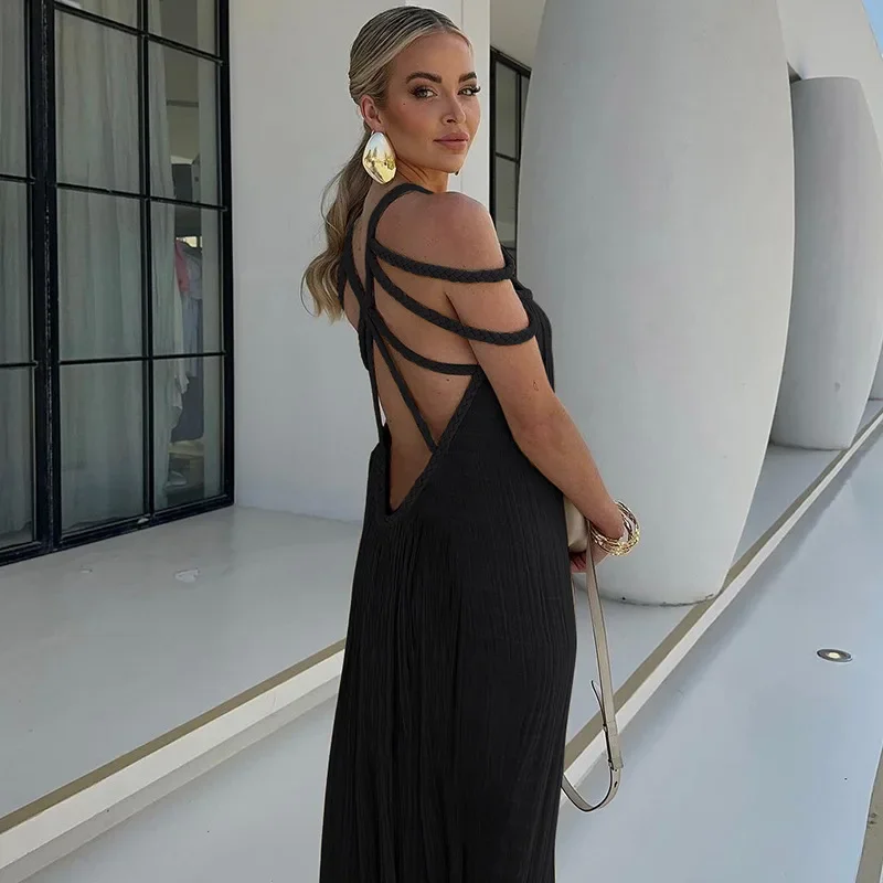 Beach Cover Up Women's Beachwear 2024 Solid Tie String Strapless Sexy Hanging Neck Loose Vacation Dress