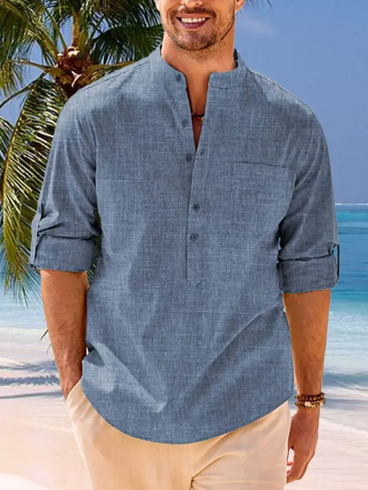 

Рубашка мужская с карманами, рубашка с длинным рукавом и воротником-стойкой, Классическая, для весны и осени