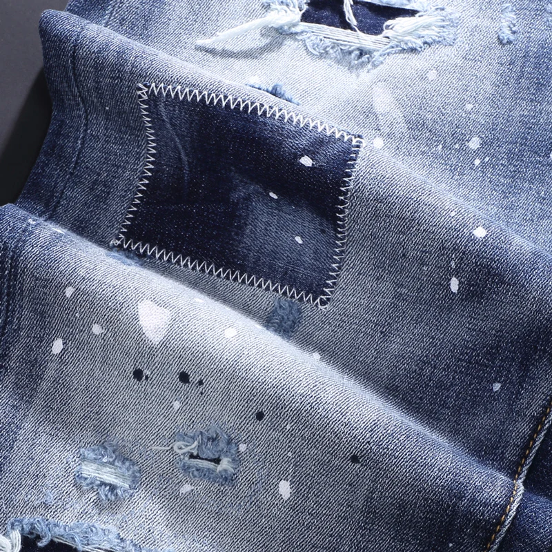 Fashion Streetwear Men Jeans Retro Blue Elastic Slim Fit Patched Ripped Jeans Men Painted Designer Hip Hop Brand Pants Hombre