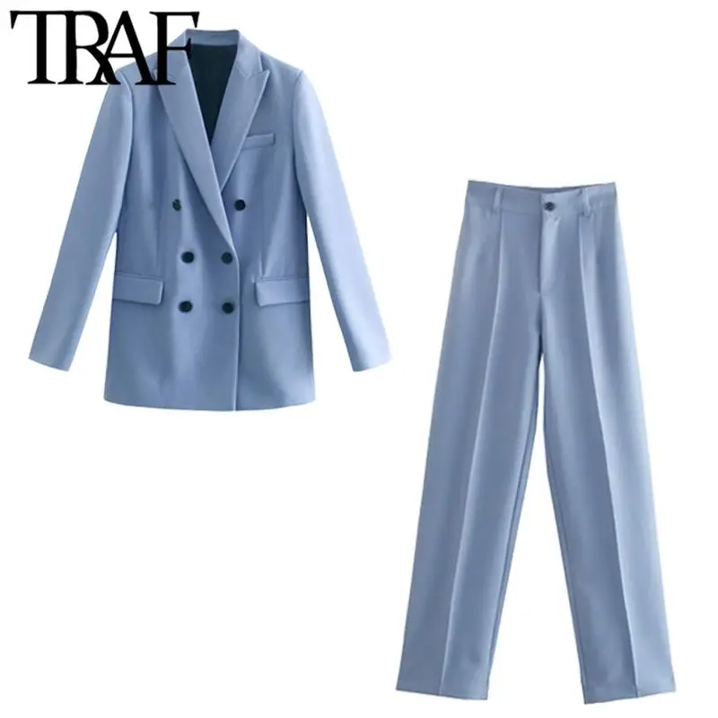 TRAF 2022 Women Elegant Blazers+Pants Casual Formal Two Piece Suit Jackets Autumn Double Breasted Notched Collar Female Coats | Женская