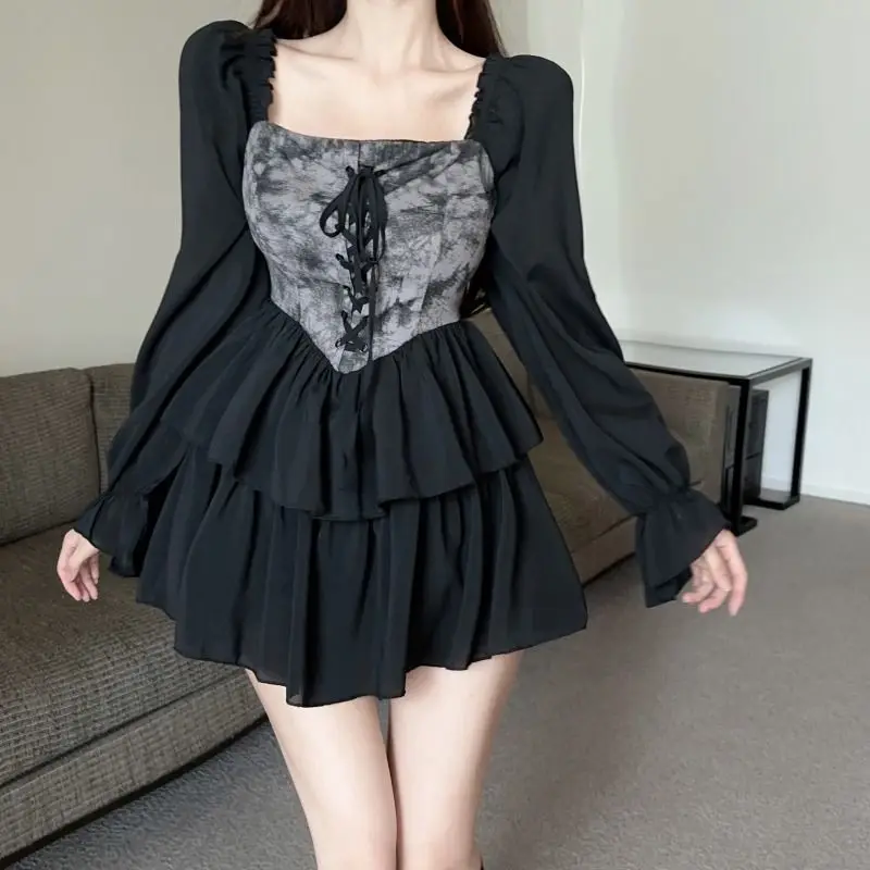 

Spring Summer New Square Neck Fashion Long Sleeve Mini Dress Women High Street Casual Printing Dresses Elegant Shirring Vestidos