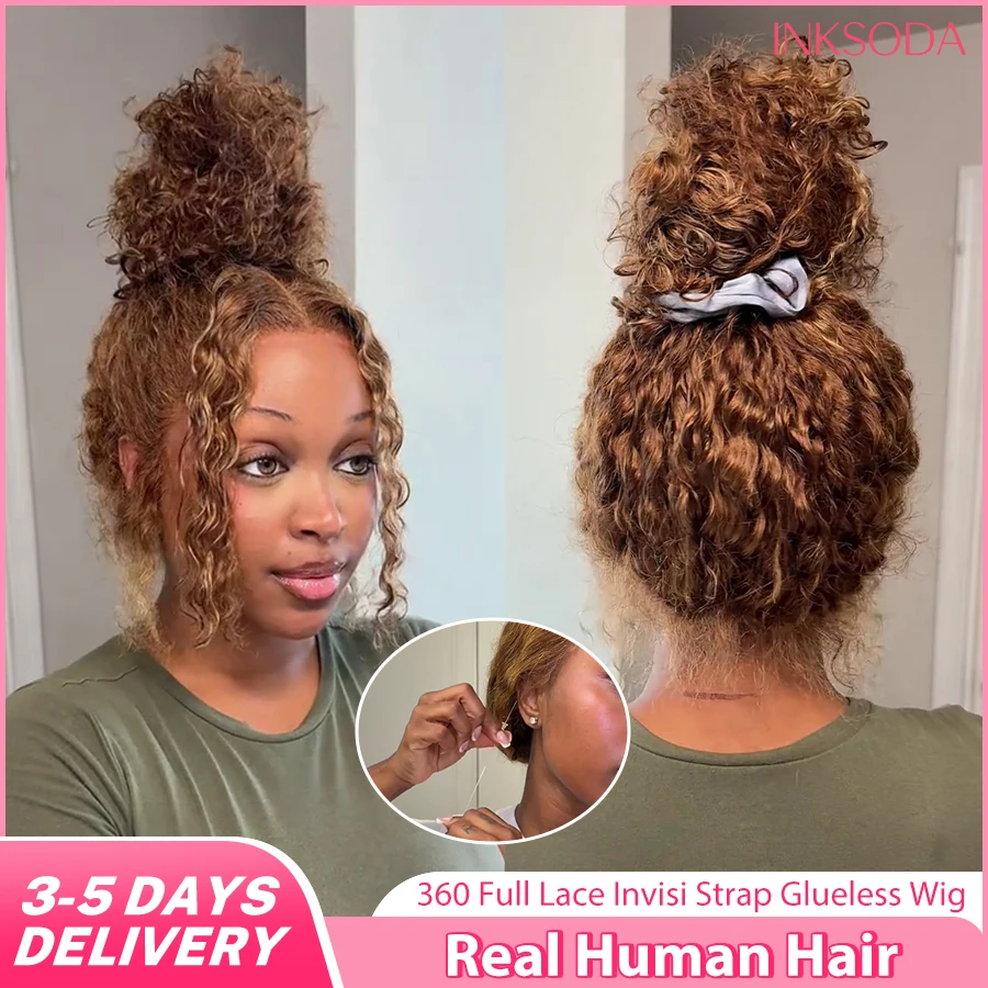 Highlight 360 Full Lace Wig Curly Human Hair Pre Plucked Deep Wave Glueless Invisible Strap Lace Frontal Wig Honey Blonde Color 1