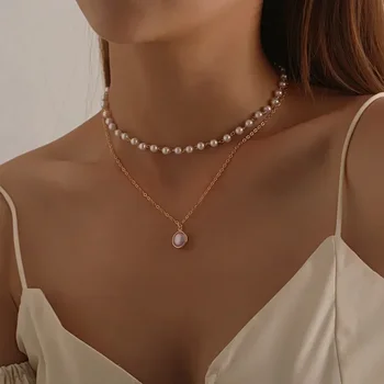 2025 New Women's Pearl Necklace Kpop Gold Color Beads Pendant Necklaces Goth Double Layer Chain Choker for Women Fashion Jewelry 5