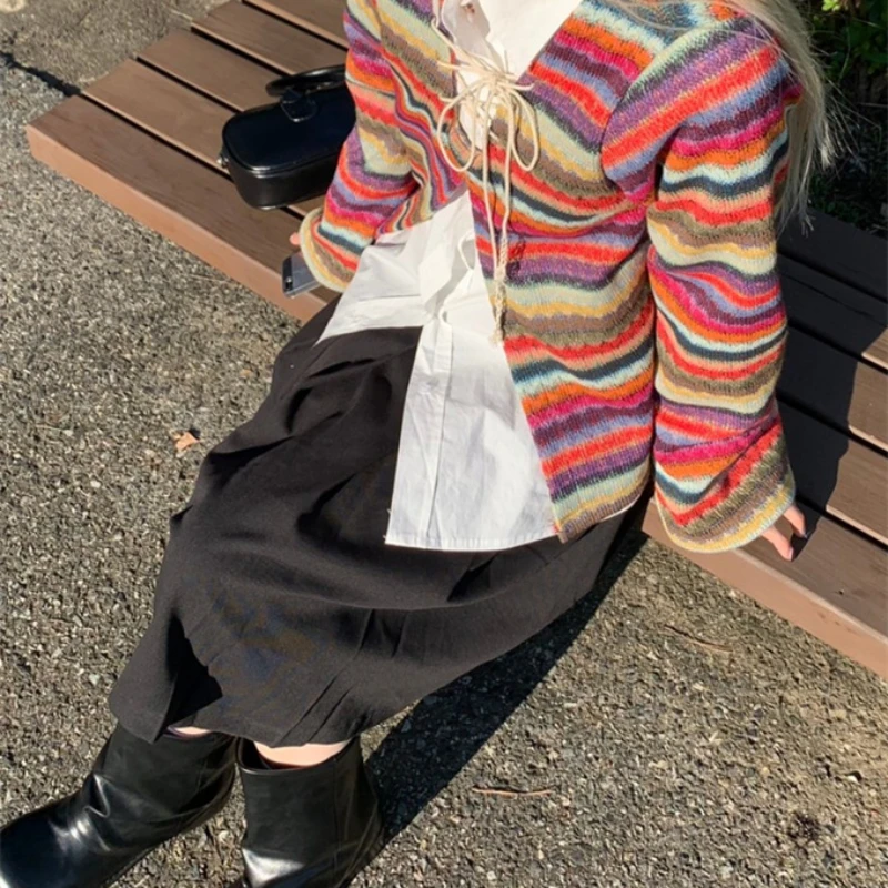 

Кардиган с V-образным вырезом и длинным рукавом, свободный Радужный кардиган с перекрестными шнуровками, кавайный свитер для женщин