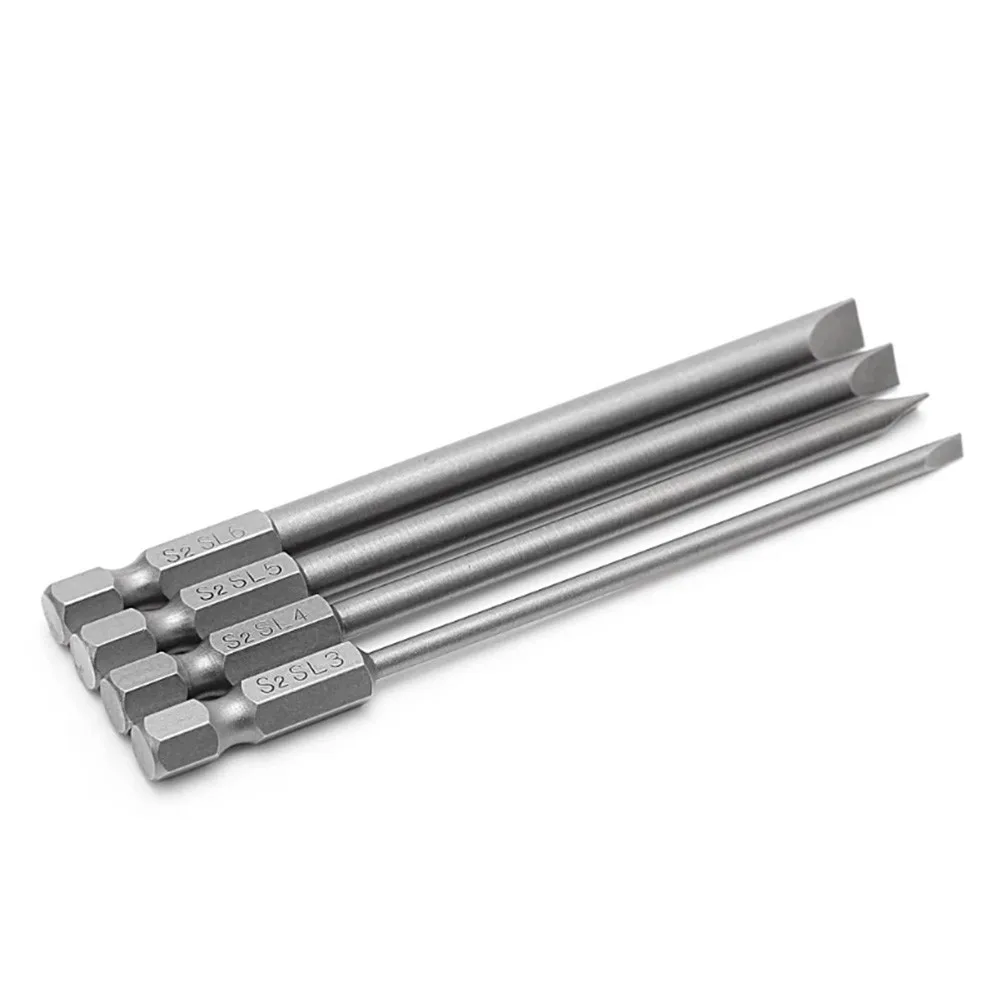 육각 생크 플랫 헤드 윈드 드라이버 드릴 렌치 마그네틱 소켓, 100mm 슬롯 드라이버 비트, 1/4 인치, SL3.0, SL4.0, SL5.0, SL6.0, 4 개