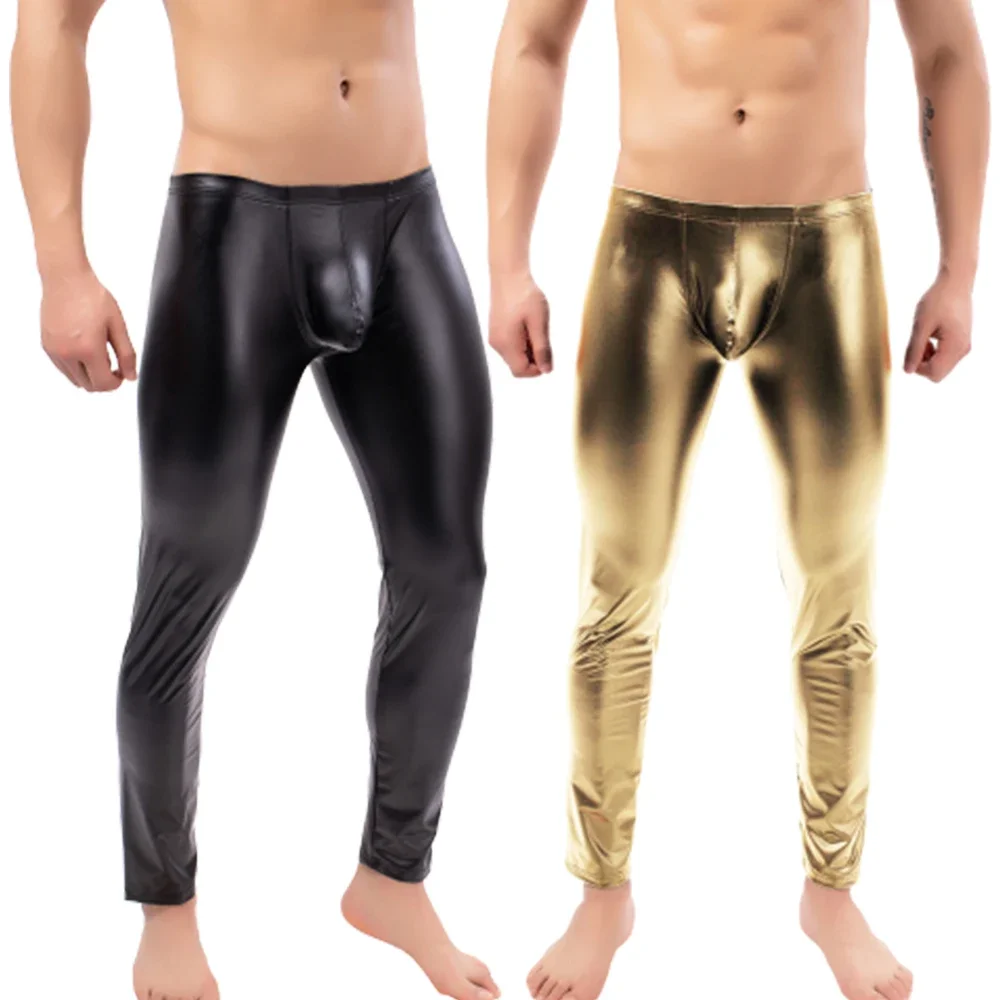 Sexy Men Low-rise U Bulge Pouch Night Clubwear Leggings Stage Performance Tights Bodywear Pants Man Shiny Faux Leather Leggings men trousers,leather pants,skinny pants