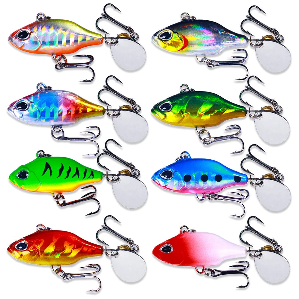 Esche Pesca Acqua Dolce E Salata Kit 5 Esche Da Pesca VIB Metalliche - Con Lama Rotante E Occhi 3D, Per Acqua Dolce E Salata, 15g L'una Mulinello Shimano